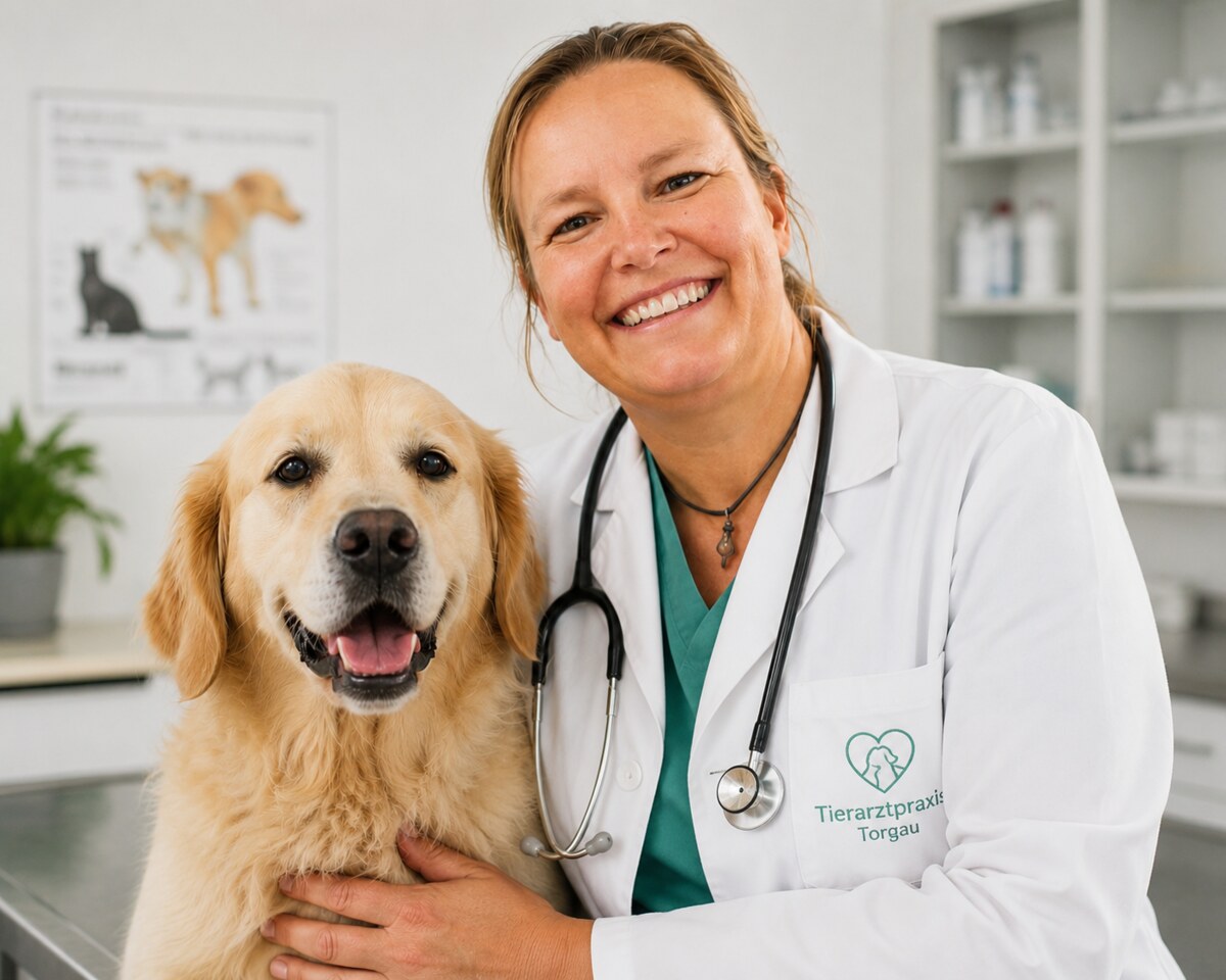 Tierärztin Eileen Heinrich mit einem Golden Retriever in ihrer Tierarztpraxis in Torgau